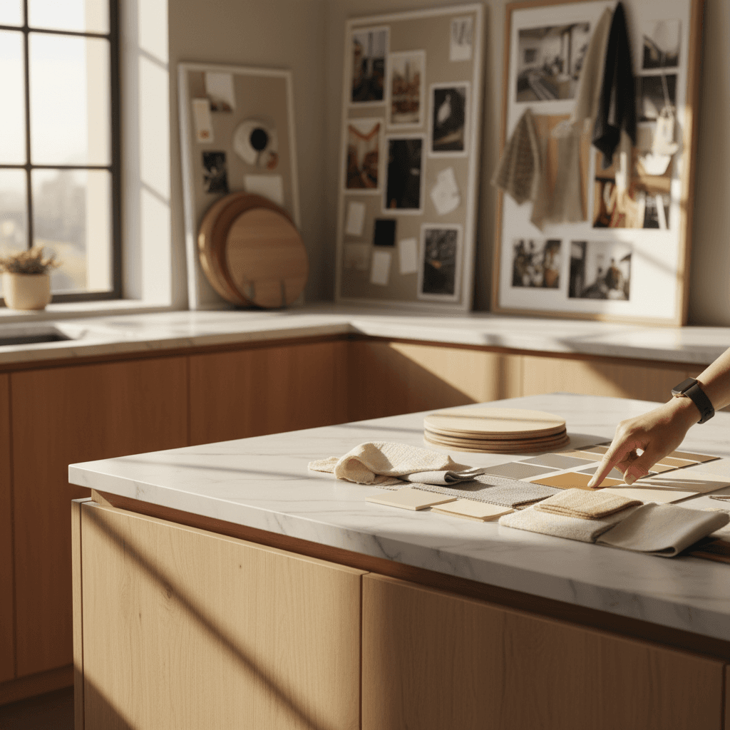 Designer presenting kitchen design materials and color samples during consultation