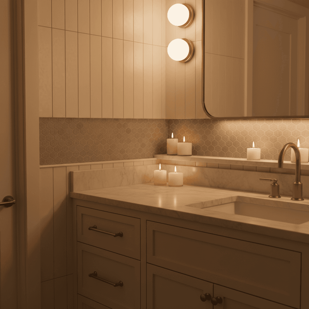 Bathroom renovation detail showing custom vanity and tile work
