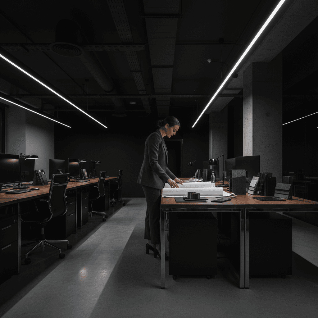 Interior designer reviewing office design plans and specifications