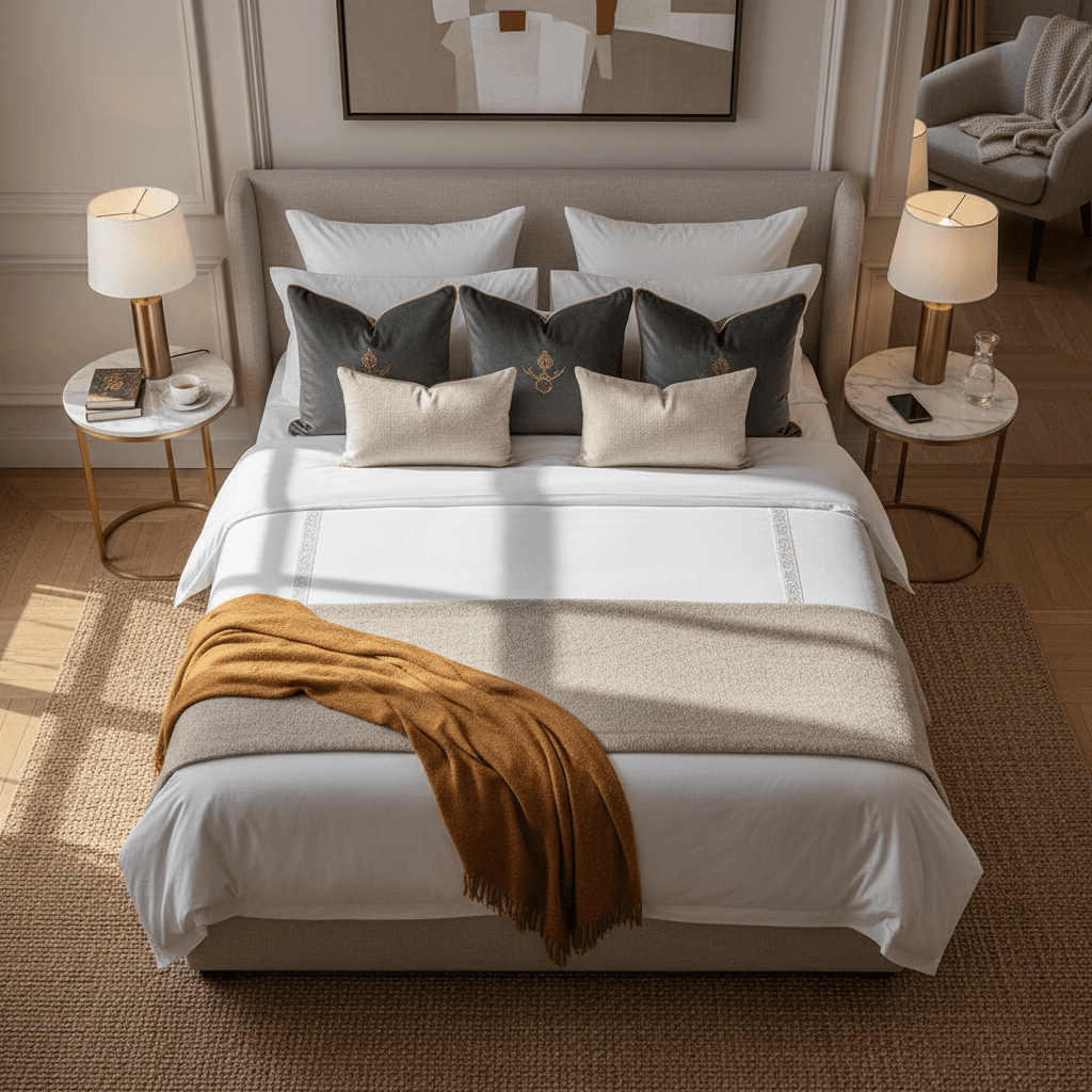 Styled bedroom interior for short-term rental property