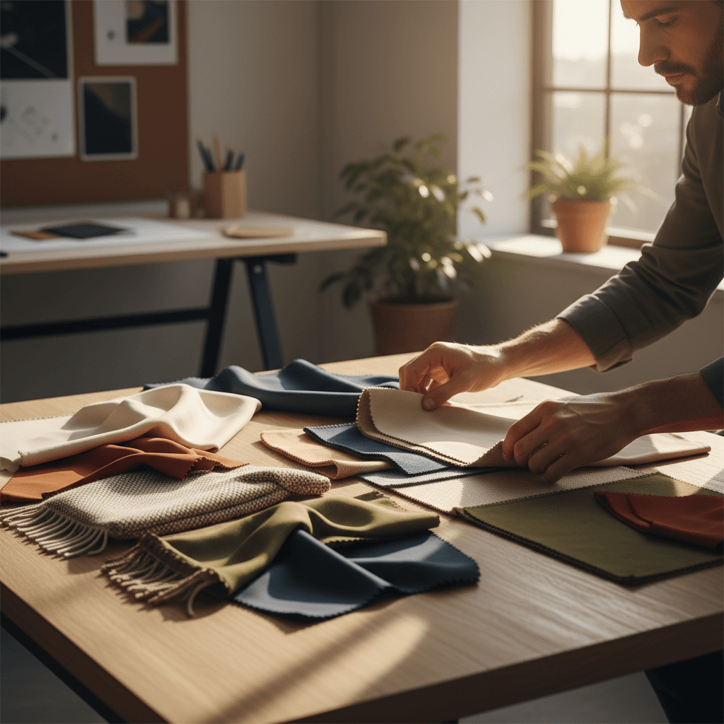 Interior designer reviewing material samples and fabric swatches