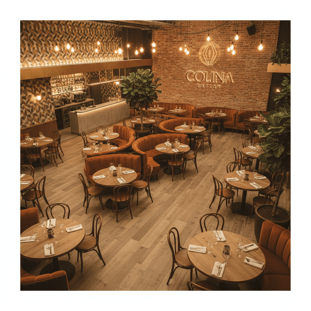 Restaurant interior design featuring modern layout and ambient lighting