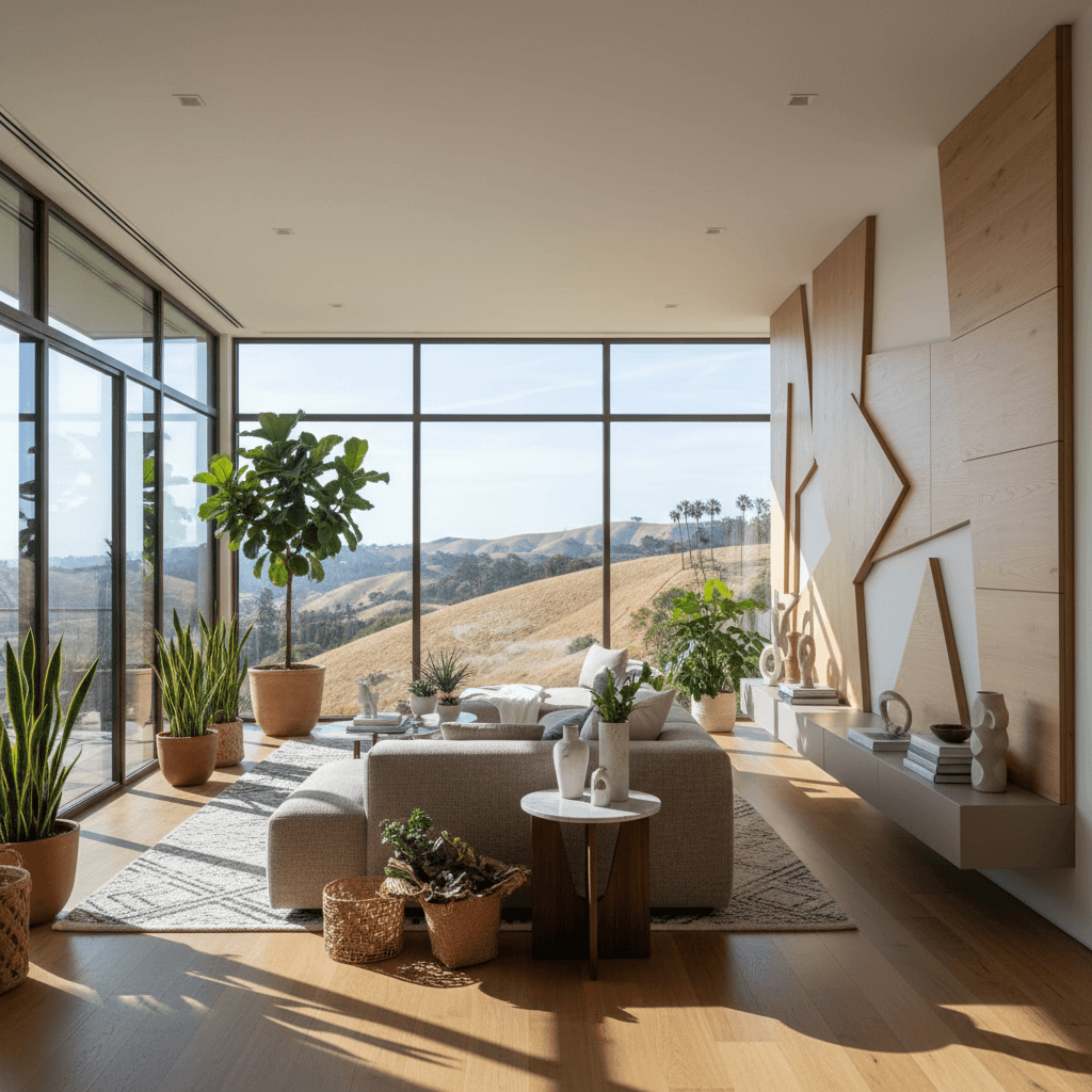 Modern living room with geometric wall features and panoramic windows