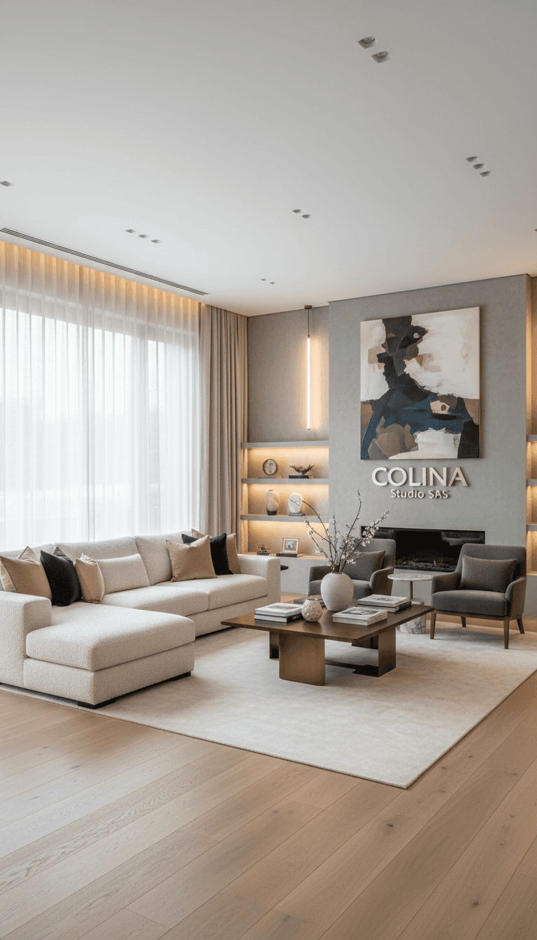 Modern living room design with warm lighting and elegant furnishings.