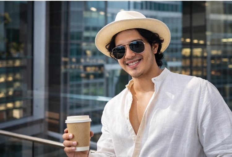 Smiling man in a straw hat and sunglasses holding a coffee cup against city buildings.